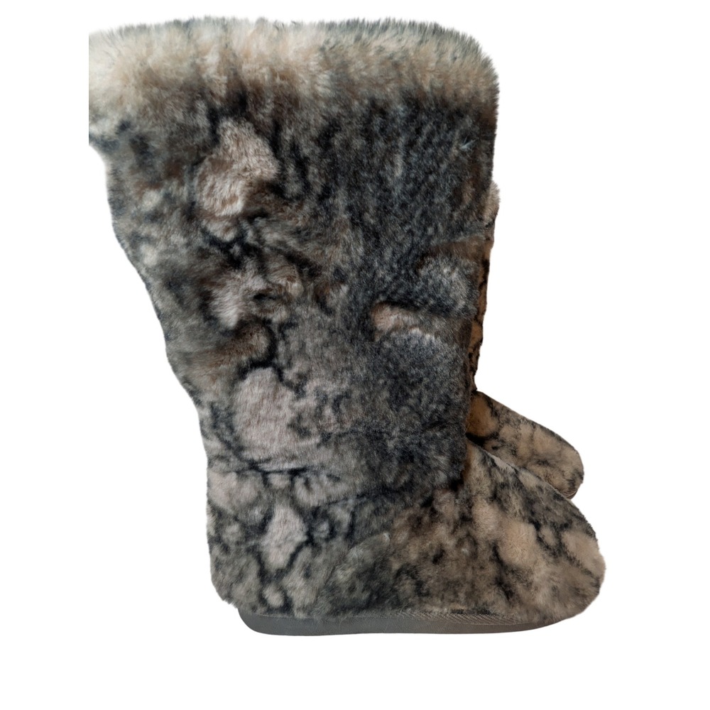 Faux Fur Animal Print Tall Slipper Boots Grey Cream Fleece Lined Size 8 - Picture 2 of 9